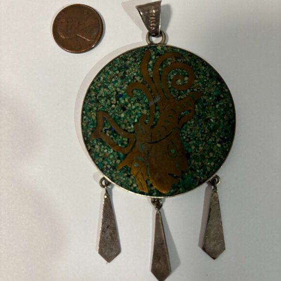 AVM Metales Mexico sterling silver crushed stones inlay pendant huge - Picture 1 of 3